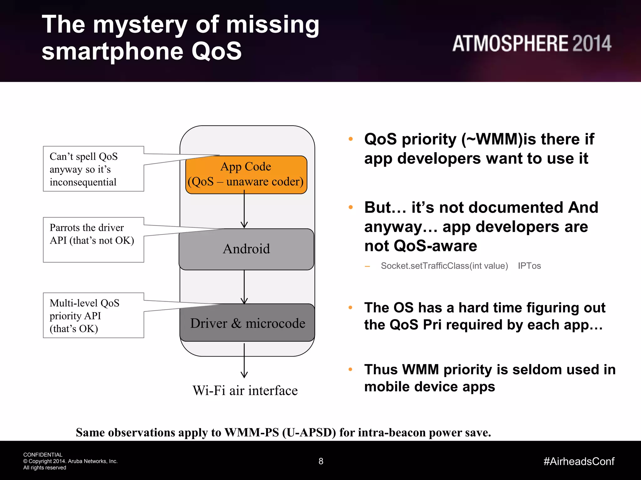 8
CONFIDENTIAL
© Copyright 2014. Aruba Networks, Inc.
All rights reserved
#AirheadsConf
The mystery of missing
smartphone QoS
Android
App Code
(QoS – unaware coder)
Driver & microcode
Multi-level QoS
priority API
(that’s OK)
Parrots the driver
API (that’s not OK)
Can’t spell QoS
anyway so it’s
inconsequential
Wi-Fi air interface
• QoS priority (~WMM)is there if
app developers want to use it
• But… it’s not documented And
anyway… app developers are
not QoS-aware
– Socket.setTrafficClass(int value) IPTos
• The OS has a hard time figuring out
the QoS Pri required by each app…
• Thus WMM priority is seldom used in
mobile device apps
Same observations apply to WMM-PS (U-APSD) for intra-beacon power save.
 