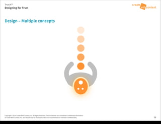 Copyright © 2014 Create With Context, Inc. All Rights Reserved. These materials are considered Confidential Information
of Create With Context, Inc. and should only be disclosed under strict requirements to maintain confidentiality.
Design – Multiple concepts
58
Trust:It™
Designing for Trust
Tuesday, February 18, 14
 