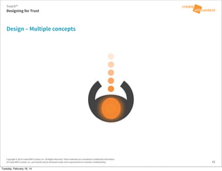 Copyright © 2014 Create With Context, Inc. All Rights Reserved. These materials are considered Confidential Information
of Create With Context, Inc. and should only be disclosed under strict requirements to maintain confidentiality.
Design – Multiple concepts
61
Trust:It™
Designing for Trust
Tuesday, February 18, 14
 