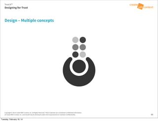 Copyright © 2014 Create With Context, Inc. All Rights Reserved. These materials are considered Confidential Information
of Create With Context, Inc. and should only be disclosed under strict requirements to maintain confidentiality.
Design – Multiple concepts
66
Trust:It™
Designing for Trust
Tuesday, February 18, 14
 