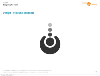 Copyright © 2014 Create With Context, Inc. All Rights Reserved. These materials are considered Confidential Information
of Create With Context, Inc. and should only be disclosed under strict requirements to maintain confidentiality.
Design – Multiple concepts
67
Trust:It™
Designing for Trust
Tuesday, February 18, 14
 