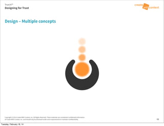 Copyright © 2014 Create With Context, Inc. All Rights Reserved. These materials are considered Confidential Information
of Create With Context, Inc. and should only be disclosed under strict requirements to maintain confidentiality.
Design – Multiple concepts
68
Trust:It™
Designing for Trust
Tuesday, February 18, 14
 
