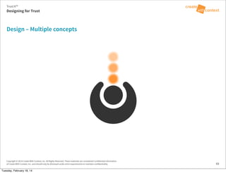 Copyright © 2014 Create With Context, Inc. All Rights Reserved. These materials are considered Confidential Information
of Create With Context, Inc. and should only be disclosed under strict requirements to maintain confidentiality.
Design – Multiple concepts
69
Trust:It™
Designing for Trust
Tuesday, February 18, 14
 
