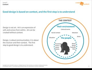 Copyright © 2014 Create With Context, Inc. All Rights Reserved. These materials are considered Confidential Information
of Create With Context, Inc. and should only be disclosed under strict requirements to maintain confidentiality.
Good design is based on context, and the first step is to understand
Context
Trust:It™
3
Wants
Needs
Tradeoﬀs
Value
Knowledge
History
Values
Beliefs
Situation
Social context
Cultural norms
Attention
Noise
THE CONTEXT
Their environment
The people
Design is not art. Art is an expression of
self, and comes from within. Art can be
created without context.
Design, is about communication, it is about
the receiver and their context. The first
step to good design is to understand.
Tuesday, February 18, 14
 