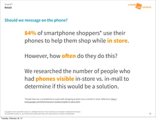 84% of smartphone shoppers* use their
phones to help them shop while in store.
However, how o!en do they do this?
We researched the number of people who
had phones visible in-store vs. in-mall to
determine if this would be a solution.
*People who use a smartphone to assist with shopping at least once a month or more. Reference: http://
www.google.com/think/research-studies/mobile-in-store.html
Copyright © 2014 Create With Context, Inc. All Rights Reserved. These materials are considered Confidential Information
of Create With Context, Inc. and should only be disclosed under strict requirements to maintain confidentiality.
Should we message on the phone?
Retail
Trust:It™
23
Tuesday, February 18, 14
 