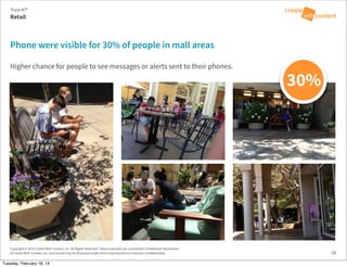 Copyright © 2014 Create With Context, Inc. All Rights Reserved. These materials are considered Confidential Information
of Create With Context, Inc. and should only be disclosed under strict requirements to maintain confidentiality.
Phone were visible for 30% of people in mall areas
Retail
Trust:It™
25
Higher chance for people to see messages or alerts sent to their phones.
30%
Tuesday, February 18, 14
 