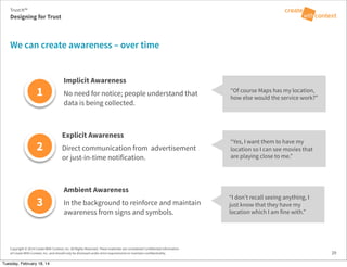 Copyright © 2014 Create With Context, Inc. All Rights Reserved. These materials are considered Confidential Information
of Create With Context, Inc. and should only be disclosed under strict requirements to maintain confidentiality.
We can create awareness – over time
29
Implicit Awareness
No need for notice; people understand that
data is being collected.
1
2
3
“I don’t recall seeing anything, I
just know that they have my
location which I am fine with.”
“Of course Maps has my location,
how else would the service work?”
“Yes, I want them to have my
location so I can see movies that
are playing close to me.”
Trust:It™
Designing for Trust
Ambient Awareness
In the background to reinforce and maintain
awareness from signs and symbols.
Explicit Awareness
Direct communication from advertisement
or just-in-time notification.
Tuesday, February 18, 14
 