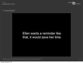 Copyright © 2014 Create With Context, Inc. All Rights Reserved. These materials are considered Confidential Information
of Create With Context, Inc. and should only be disclosed under strict requirements to maintain confidentiality.
“I want that”
Designing for Trust
Trust:It™
31
Tuesday, February 18, 14
 