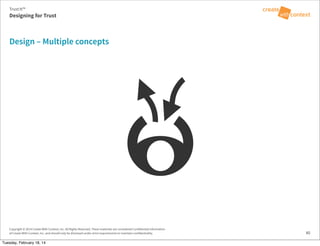 Copyright © 2014 Create With Context, Inc. All Rights Reserved. These materials are considered Confidential Information
of Create With Context, Inc. and should only be disclosed under strict requirements to maintain confidentiality.
Design – Multiple concepts
40
Trust:It™
Designing for Trust
Tuesday, February 18, 14
 