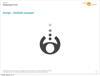 Copyright © 2014 Create With Context, Inc. All Rights Reserved. These materials are considered Confidential Information
of Create With Context, Inc. and should only be disclosed under strict requirements to maintain confidentiality.
Design – Multiple concepts
51
Trust:It™
Designing for Trust
Tuesday, February 18, 14
 