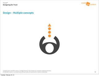 Copyright © 2014 Create With Context, Inc. All Rights Reserved. These materials are considered Confidential Information
of Create With Context, Inc. and should only be disclosed under strict requirements to maintain confidentiality.
Design – Multiple concepts
52
Trust:It™
Designing for Trust
Tuesday, February 18, 14
 
