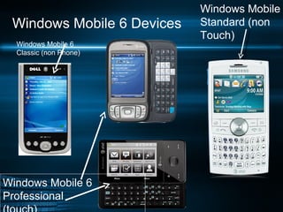 Windows Mobile 6 Devices Windows Mobile 6 Standard (non Touch) Windows Mobile 6 Professional  (touch) Windows Mobile 6 Classic (non Phone) 