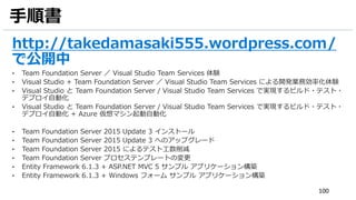 100
手順書
• Team Foundation Server ／ Visual Studio Team Services 体験
• Visual Studio + Team Foundation Server ／ Visual Studio Team Services による開発業務効率化体験
• Visual Studio と Team Foundation Server / Visual Studio Team Services で実現するビルド・テスト・
デプロイ自動化
• Visual Studio と Team Foundation Server / Visual Studio Team Services で実現するビルド・テスト・
デプロイ自動化 + Azure 仮想マシン起動自動化
• Team Foundation Server 2015 Update 3 インストール
• Team Foundation Server 2015 Update 3 へのアップグレード
• Team Foundation Server 2015 によるテスト工数削減
• Team Foundation Server プロセステンプレートの変更
• Entity Framework 6.1.3 + ASP.NET MVC 5 サンプル アプリケーション構築
• Entity Framework 6.1.3 + Windows フォーム サンプル アプリケーション構築
 