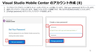 11
1. マイクロソフトアカウントに紐づいたメールボックスにメールが届いています。[Set your password] をクリックします。
2. 設定したいパスワードを入力します。自由に入力いただいて結構ですが、特になければ[Welcome00] と入力します。
3. [Change password] をクリックしてパスワードを設定します。
Visual Studio Mobile Center のアカウント作成 (8)
1
2
3
 