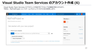 22
Visual Studio Team Services のアカウント作成が完了すると下記画面が表示されます。
今回は、MyFirstProject というチームプロジェクトをそのまま使用します。
Visual Studio Team Services のアカウント作成 (6)
 