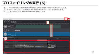 50
1. [Time Profiler] で CPU 利用率が変化している前後をドラッグ＆ドロップします。
2. ドラッグ＆ドロップした範囲のCall Treeが表示されていることを確認します。
3. [X] をクリックして Xamarin Profiler を終了します。
プロファイリングの実行 (6)
1
2
3
 