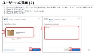 96
1. パッケージを選択します。デスクトップの [App1.App1.apk] を選択します。少し待ってアップロード完了を確認します。
2. [Next] をクリックします。
3. [Release notes] には、[デモです。] と入力します。
4. [Next] をクリックします。
ユーザーへの配布 (2)
1
2
3
4
 
