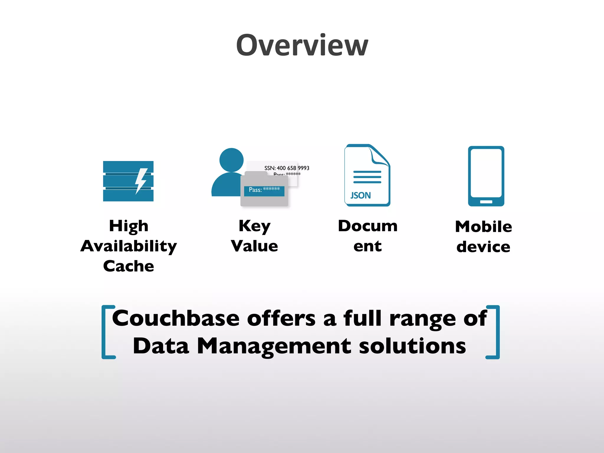 Overview	
  
Couchbase offers a full range of
Data Management solutions	

High
Availability
Cache	

Key
Value	

Docum
ent	

Mobile
device	

SSN: 400 658 9993	

Pass: ******	

Pass: ******	

 