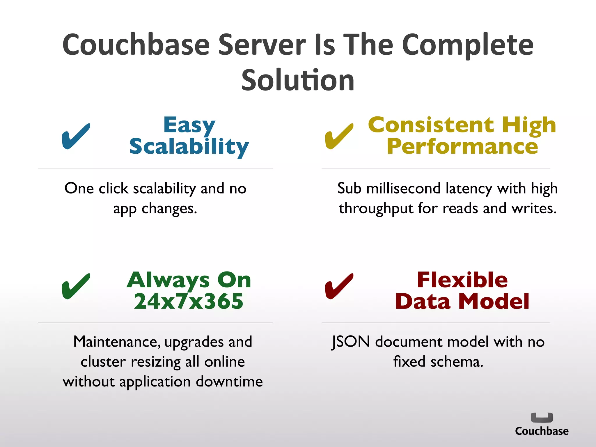 Couchbase	
  Server	
  Is	
  The	
  Complete	
  
Solu9on	
  
One click scalability and no
app changes.	

Sub millisecond latency with high
throughput for reads and writes.	

Maintenance, upgrades and
cluster resizing all online
without application downtime	

JSON document model with no
ﬁxed schema.	

✔	

✔	

✔	

✔	

Consistent High
Performance	

Flexible
Data Model	

Easy
Scalability	

Always On
24x7x365	

 
