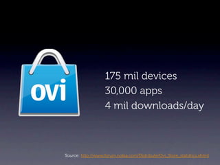175 mil devices
                    30,000 apps
                    4 mil downloads/day



Source: http://www.forum.nokia.com/Distribute/Ovi_Store_statistics.xhtml
 