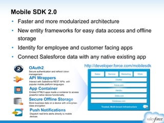 Mobile SDK 2.0
• Faster and more modularized architecture
• New entity frameworks for easy data access and offline
storage
• Identity for employee and customer facing apps
• Connect Salesforce data with any native existing app
API Wrappers
Interact with Salesforce REST APIs with
popular mobile platform languages
Secure Offline Storage
Store business data on a device with enterprise-
class encryption
Push Notifications
Dispatch real-time alerts directly to mobile
devices
OAuth2
Secure authentication and refresh token
management
App Container
Embed HTML5 apps inside a container to access
powerful native device functionality
http://developer.force.com/mobilesdk
 