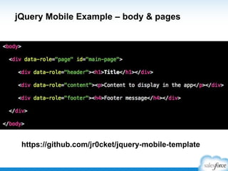 jQuery Mobile Example – body & pages
https://github.com/jr0cket/jquery-mobile-template
 
