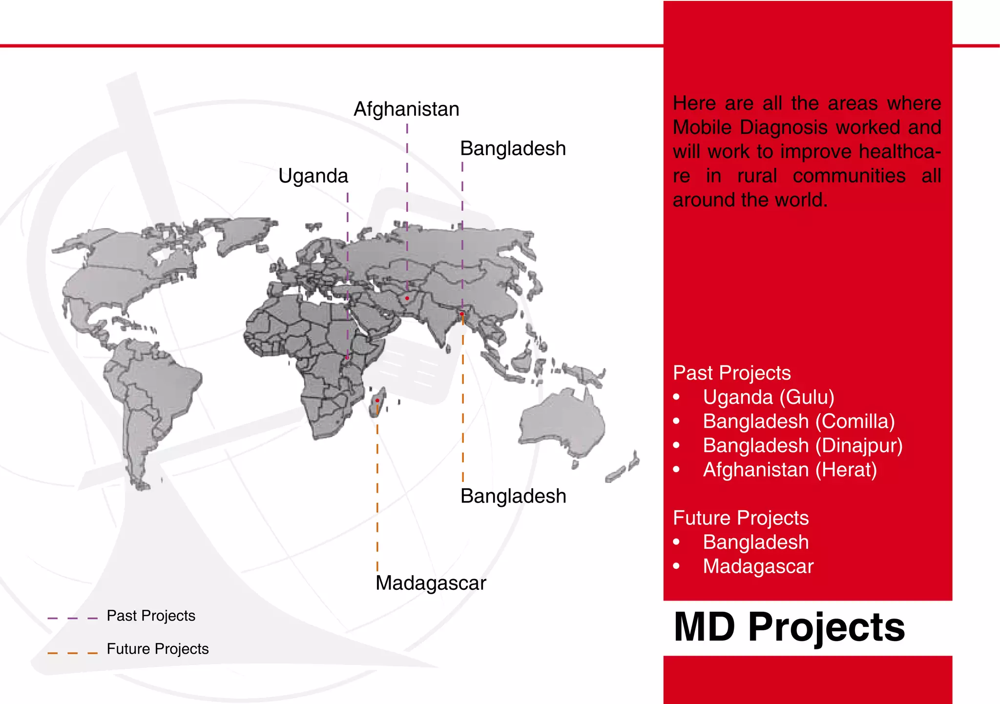 Afghanistan                Here are all the areas where
                                                      Mobile Diagnosis worked and
                                         Bangladesh   will work to improve healthca-
                  Uganda                              re in rural communities all
                                                      around the world.




                                                      Past Projects
                                                         Uganda (Gulu)
                                                         Bangladesh (Comilla)
                                                         Bangladesh (Dinajpur)
                                                         Afghanistan (Herat)
                                         Bangladesh
                                                      Future Projects
                                                         Bangladesh
                                                         Madagascar
                             Madagascar
Past Projects

Future Projects
                                                      MD Projects
 