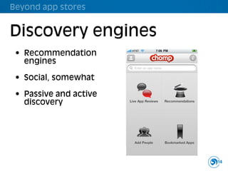Beyond app stores


Discovery engines
 • Recommendation
   engines

 • Social, somewhat

 • Passive and active
   discovery




                        14
 