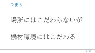 / 15
つまり
場所にはこだわらないが
機材環境にはこだわる
5
 
