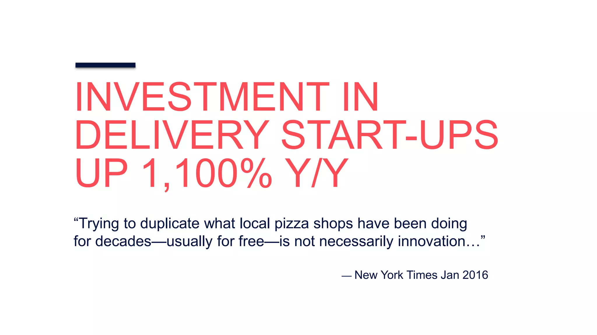 INVESTMENT IN
DELIVERY START-UPS
UP 1,100% Y/Y
“Trying to duplicate what local pizza shops have been doing
for decades—usually for free—is not necessarily innovation…”
— New York Times Jan 2016
 