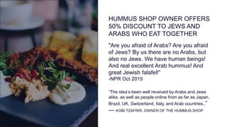 HUMMUS SHOP OWNER OFFERS
50% DISCOUNT TO JEWS AND
ARABS WHO EAT TOGETHER
"Are you afraid of Arabs? Are you afraid
of Jews? By us there are no Arabs, but
also no Jews. We have human beings!
And real excellent Arab hummus! And
great Jewish falafel!”
-NPR Oct 2015
“The idea’s been well received by Arabs and Jews
alike, as well as people online from as far as Japan,
Brazil, UK, Switzerland, Italy, and Arab countries..”
— KOBI TZAFRIR, OWNER OF THE HUMMUS SHOP
 