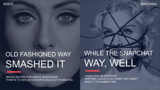 SMASHED IT
OLD FASHIONED WAY
BROKE RECORD FOR SINGLE WEEK SALES
TICKETS TO HER US CONCERTS SOLD OUT IN MINUTES
ADELE
WAY, WELL
WHILE THE SNAPCHAT
LAUNCHING ON SNAPCHAT,
HER FIRST ALBUM IN 20 YEARS THAT DIDN'T
MAKE IT TO NUMBER ONE.
MADONNA
 