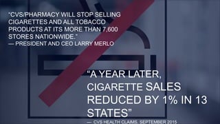 “CVS/PHARMACY WILL STOP SELLING
CIGARETTES AND ALL TOBACCO
PRODUCTS AT ITS MORE THAN 7,600
STORES NATIONWIDE.”
— PRESIDENT...
