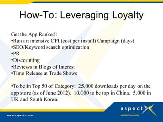 How-To: Leveraging Loyalty
Get the App Ranked:
•Run an intensive CPI (cost per install) Campaign (days)
•SEO/Keyword search optimization
•PR
•Discounting
•Reviews in Blogs of Interest
•Time Release at Trade Shows

•To be in Top 50 of Category: 25,000 downloads per day on the
app store (as of June 2012). 10,000 to be top in China. 5,000 in
UK and South Korea.
 