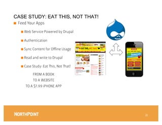 CASE STUDY: EAT THIS, NOT THAT!
■    Feed Your Apps
      


      ■  Web Service Powered by Drupal

      ■  Authentication

      ■  Sync Content for Oﬄine Usage

      ■  Read and write to Drupal

      ■  Case Study: Eat   is, Not   at!

              FROM A BOOK
              TO A WEBSITE
          TO A $7.99 iPHONE APP




                                            11
                                             11
                                              
 