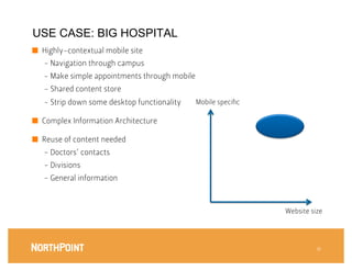 USE CASE: BIG HOSPITAL
■  Highly-contextual mobile site
   - Navigation through campus
   - Make simple appointments through mobile
   - Shared content store
   - Strip down some desktop functionality
   Mobile speciﬁc

■  Complex Information Architecture

■  Reuse of content needed
   - Doctors’ contacts
   - Divisions
   - General information



                                                                Website size




                                                                          18
 