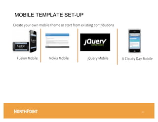 MOBILE TEMPLATE SET-UP
Create your own mobile theme or start from existing contributions




        Fusion Mobile
   Nokia Mobile
          jQuery Mobile
       A Cloudy Day Mobile


    






                                                                                 26
 