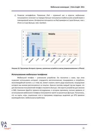 Мобильная коммерция | Data Insight 2011



   c) Развитие интерфейсов. Появление iPad – огромный шаг в отрасли, мобильные
      пользователи начинают на порядок больше пользоваться мобильными устройствами в
      повседневной жизни. Интернетом пользуются на iPad примерно в 2 раза больше, чем с
      iPone и в 5 раз больше, чем с Symbian.




                          Desktop               Mobile




Рисунок 10. Просмотры Интернет-страниц с различных устройств в месяц (нормализованные к iPhone)


Использование мобильных телефонов
       Мобильный телефон – уникальное устройство. Он постоянно с нами, при этом
позволяет использовать интернет, определять местоположение, генерировать и потреблять
мультимедийный контент, и, к тому же, может служить своего рода кошельком, посредством
которого мы можем расплачиваться за покупки. Именно поэтому каждый год мы видим, что
для миллионов пользователей телефон становится больше, чем просто устройство для звонков
и SMS. Компания AppsFire провела исследование, в котором оценивала, сколько времени от
использования мобильного телефона пользователи тратят на различные функции. Получилось,
что на карты, игры, социальные сети и программы владельцы выделяют до 47% времени
взаимодействия с мобильным устройством.




                                                                                            15
 