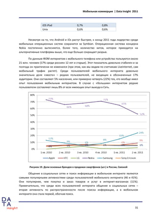 Мобильная коммерция | Data Insight 2011



                  iOS iPad                    0,7%                0,8%
                  Unix                        0,6%                0,6%


       Несмотря на то, что Android и iOs растут быстрее, к концу 2011 года лидерство среди
мобильных операционных систем сохранится за Symbian. Операционная система концерна
Nokia постепенно вытесняется, более того, количество хитов, которое приходится на
альтернативные платформы выше, что еще больше сокращает разрыв.

       По данным ФОМ интернетом с мобильного телефона или устройства пользуются около
21 млн. человек (17% среди россиян 12 лет и старше). Этот показатель довольно стабилен и за
полгода он практически не изменился (при этом, как мы видим по счетчикам Liveinternet, сам
мобильный трафик растет). Среди пользователей мобильного интернета довольно
значительна доля «хвоста» – редких пользователей, не входящих в обозначенные 17%
аудитории. Они составляют 5% населения, или примерно четверть (22%) тех, кто вообще имел
опыт пользования мобильным интернетом. В случае с «большим» интернетом редкие
пользователи составляют лишь 8% от всех имеющих опыт выхода в Сеть.




        Рисунок 19. Доли основных брендов в продажах смартфонов (шт.) в России, Связной

      Общение в социальных сетях и поиск информации в мобильном интернете являются
самыми популярными активностями среди пользователей мобильного интернета (46 и 41%).
Они популярнее, чем покупка и заказ товаров и услуг в интернет-магазинах (11%).
Примечательно, что среди всех пользователей интернета общение в социальных сетях –
вторая активность по распространенности после поиска информации, а в мобильном
интернете она стала первой, обогнав поиск.



                                                                                          31
 