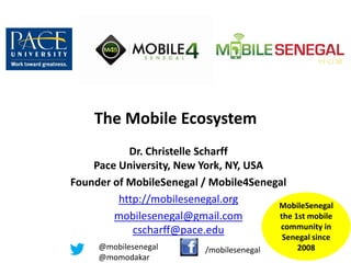 The Mobile Ecosystem
Dr. Christelle Scharff
Pace University, New York, NY, USA
Founder of MobileSenegal / Mobile4Senegal
http://mobilesenegal.org
mobilesenegal@gmail.com
cscharff@pace.edu
MobileSenegal
the 1st mobile
community in
Senegal since
2008@mobilesenegal
@momodakar
/mobilesenegal
 