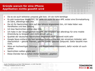 Gründe warum für eine iPhone
Applikation nichts gezahlt wird


  •        Da es sie auch teilweise umsonst gibt bzw. ich sie nicht benötige
  •        Es gibt kostenlose Webseiten, da zahle ich nicht für eine APP, wobei eine Einmalzahlung
           ok wäre, allerdings kein Abo
  •        Da ich für Nachrichten nicht auf das Iphone angewiesen bin, ich habe lieber was
           Handfestes und lese Zeitung
  •        Ich lese Nachrichten online über DSL
  •        Ich habe in der Vergangenheit bezahlt, das Angebot war allerdings für eine mobile
           Anwendung zu langsam und nicht aktuell genug
  •        Qualität der deutschen Nachrichten begeistert mich generell nicht sehr
  •        Google News entlarvt die fast beliebige Austauschbarkeit der einzelnen Anbieter sehr
           übersichtlich – gleiche Themen, gleiche Quelle, gleicher Zeitpunkt. Dafür bezahlt man
           nicht.
  •        Wäre an hochwertigen Zeitungs- und Magazinabos interessiert, dafür würde ich auch
           zahlen
  •        Nachrichten sollten gratis sein
  •        Diese Dienste hat es schon immer kostenlos gegeben




   Quelle: Marktforschung auf dem TFAG-Netzwerk; n=1.067; Mai 2010
   *Nutzung mindestens einmal im Monat

Seite 23    |   Karin Rothstock, Mai 2010
 