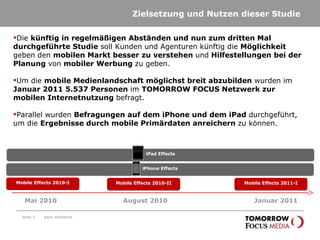 Zielsetzung und Nutzen dieser Studie Seite  Die  künftig in regelmäßigen Abständen und nun zum dritten Mal durchgeführte Studie  soll Kunden und Agenturen künftig die  Möglichkeit  geben den  mobilen Markt besser zu verstehen  und  Hilfestellungen bei der Planung  von  mobiler Werbung  zu geben. Um die  mobile Medienlandschaft möglichst breit abzubilden  wurden im  Januar 2011 5.537 Personen  im  TOMORROW FOCUS Netzwerk zur mobilen Internetnutzung  befragt. Parallel wurden  Befragungen auf dem iPhone und dem iPad  durchgeführt, um die  Ergebnisse durch mobile Primärdaten anreichern  zu können.  Mai 2010 August 2010 Mobile Effects 2010-I Mobile Effects 2010-II iPhone Effects Karin Rothstock Januar 2011 Mobile Effects 2011-I iPad Effects 