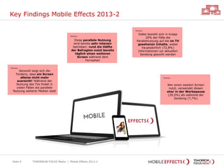 Key Findings Mobile Effects 2013-2
TOMORROW FOCUS Media | Mobile Effects 2013-2Seite 9
Diese parallele Nutzung
wird bereits sehr intensiv
betrieben: rund die Hälfte
der Befragten nutzt bereits
täglich einen weiteren
Screen während dem
Fernsehen
Dabei bezieht sich in knapp
20% der Fälle die
Parallelnutzung auf die im TV
gesehenen Inhalte, wobei
hauptsächlich (72,8%)
Informationen zur aktuellen
Sendung gesucht werden
Generell zeigt sich die
Tendenz, dass ein Screen
alleine nicht mehr
ausreicht! Während der
Nutzung des TVs findet in
vielen Fällen die parallele
Nutzung weiterer Medien statt
Wer einen zweiten Screen
nutzt, verwendet diesen
eher in der Werbepause
(39,5%) als während der
Sendung (7,7%)
 