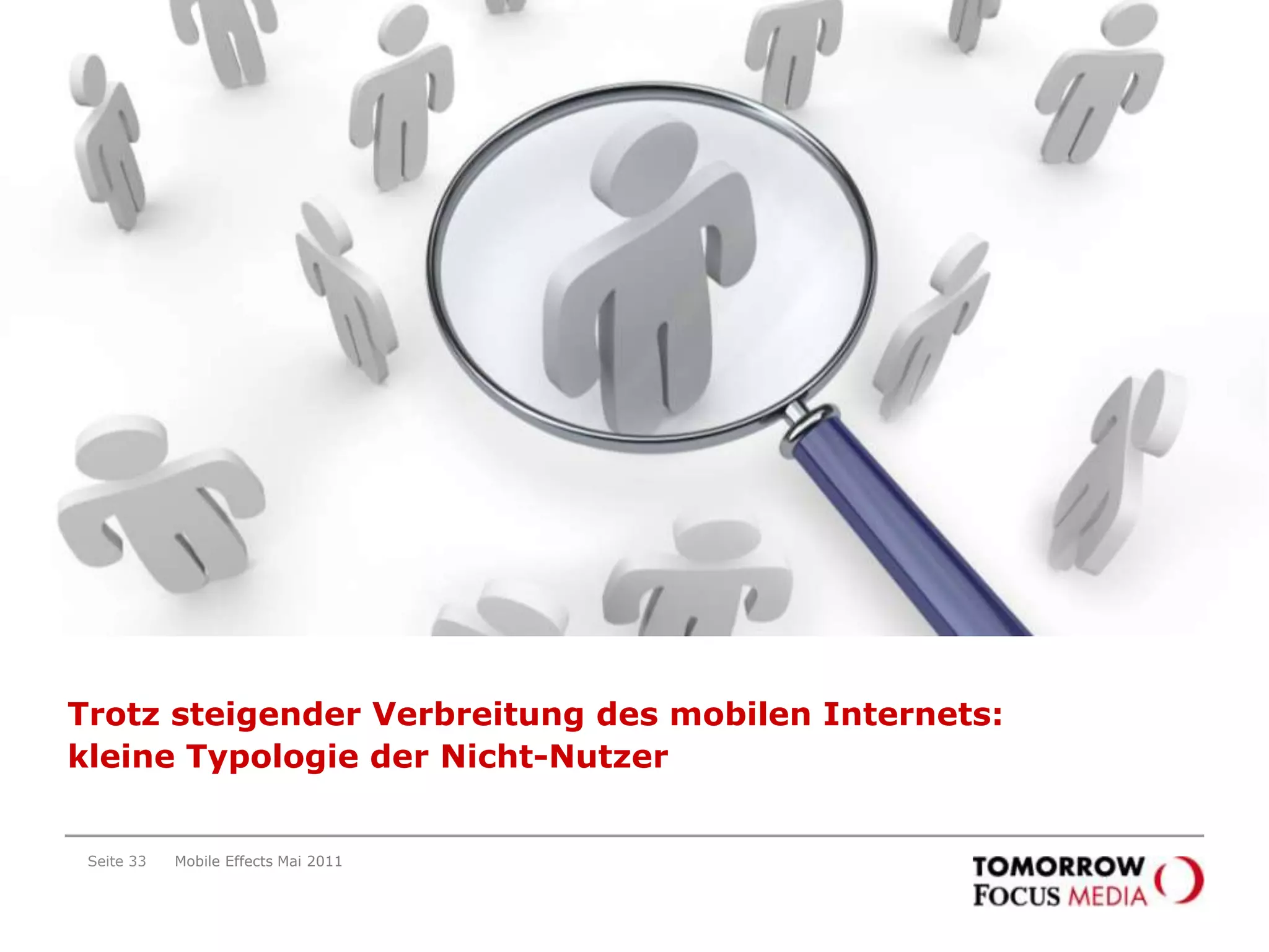 Seite 30Mobile Effects Mai 2011…ist eher hoch gebildet, berufstätig, in Ausbildung oder Rentner…„Welches ist Ihr höchster Schulabschluss?“Angaben in %„Welchen Beruf üben Sie aus?“Angaben in %Quelle: Onsite-Befragung im TFM-Netzwerk; n=5.726; Mai 2011