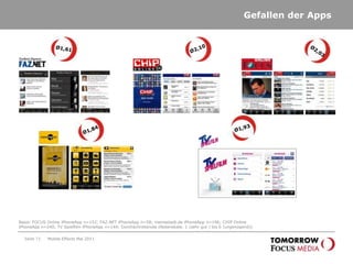 Vergleich Nutzer iPhone AppsSeite 68Quelle: Mobile User: AGOF mobilefacts 2010; Quelle: App Nutzer: Mobile Befrafunf TFM; Basis: FOCUS Online iPhoneApp n=152; FAZ.NET iPhoneApp n=58; meinestadt.de iPhoneApp n=196; CHIP Online iPhoneApp n=240; TV Spielfilm iPhoneApp n=144Mobile Effects Mai 2011