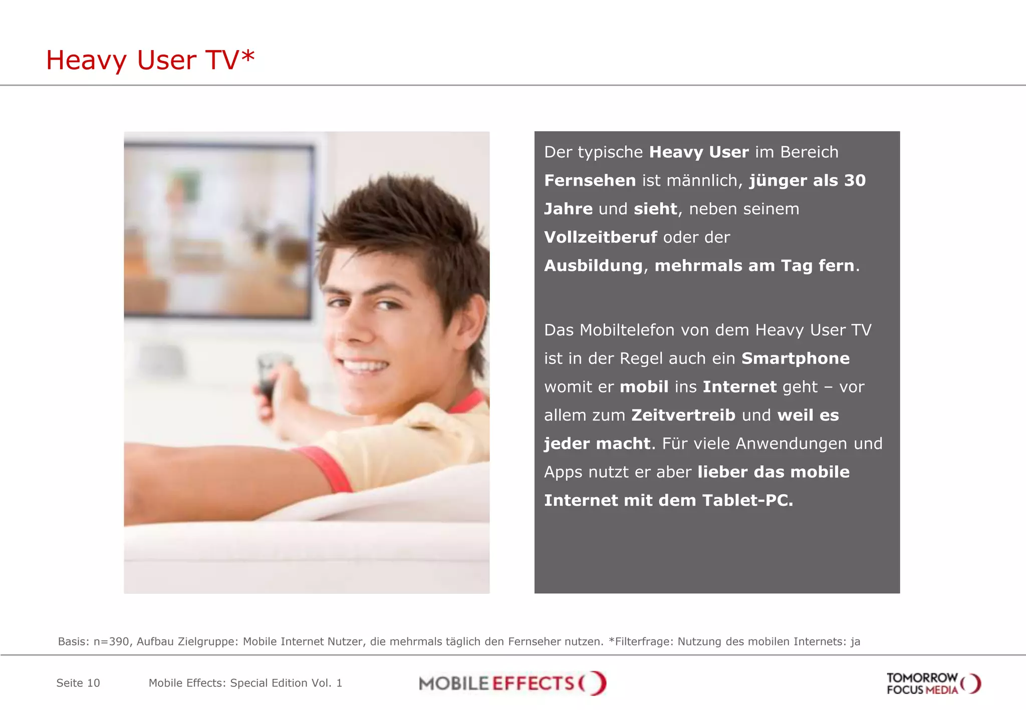Heavy User TV*


                                                                                         Der typische Heavy User im Bereich
                                                                                         Fernsehen ist männlich, jünger als 30
                                                                                         Jahre und sieht, neben seinem
                                                                                         Vollzeitberuf oder der
                                                                                         Ausbildung, mehrmals am Tag fern.



                                                                                         Das Mobiltelefon von dem Heavy User TV
                                                                                         ist in der Regel auch ein Smartphone
                                                                                         womit er mobil ins Internet geht – vor
                                                                                         allem zum Zeitvertreib und weil es
                                                                                         jeder macht. Für viele Anwendungen und
                                                                                         Apps nutzt er aber lieber das mobile
                                                                                         Internet mit dem Tablet-PC.




Basis: n=390, Aufbau Zielgruppe: Mobile Internet Nutzer, die mehrmals täglich den Fernseher nutzen. *Filterfrage: Nutzung des mobilen Internets: ja


Seite 10        Mobile Effects: Special Edition Vol. 1
 