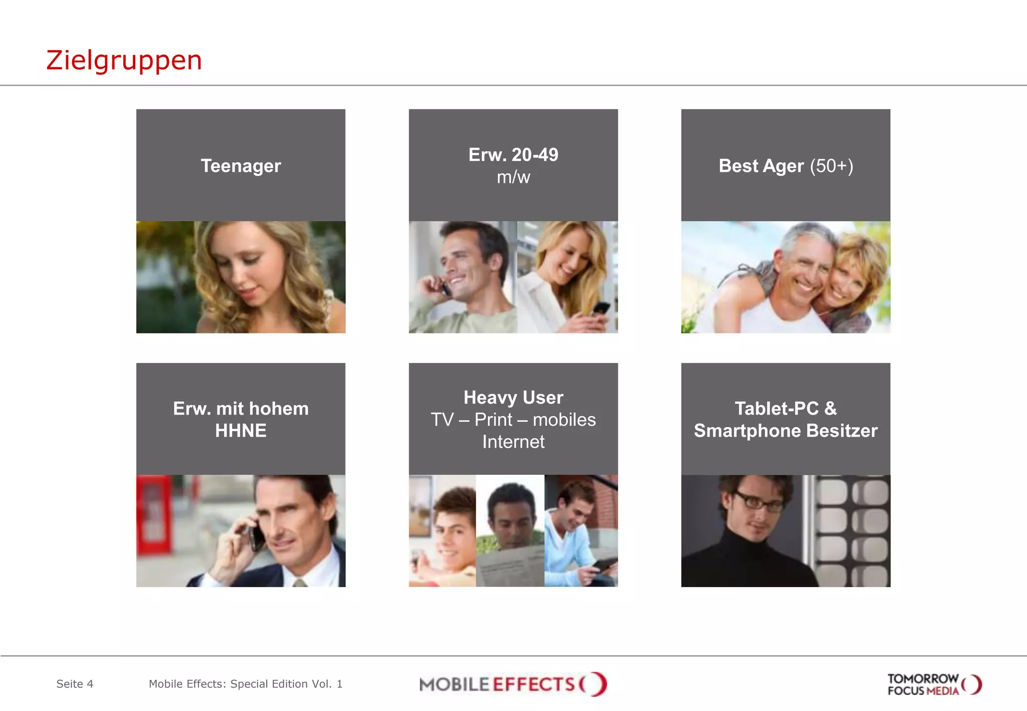 Zielgruppen


                                                       Erw. 20-49
                    Teenager                                                Best Ager (50+)
                                                          m/w




                                                      Heavy User
              Erw. mit hohem                                                 Tablet-PC &
                                                   TV – Print – mobiles
                   HHNE                                                   Smartphone Besitzer
                                                         Internet




Seite 4   Mobile Effects: Special Edition Vol. 1
 