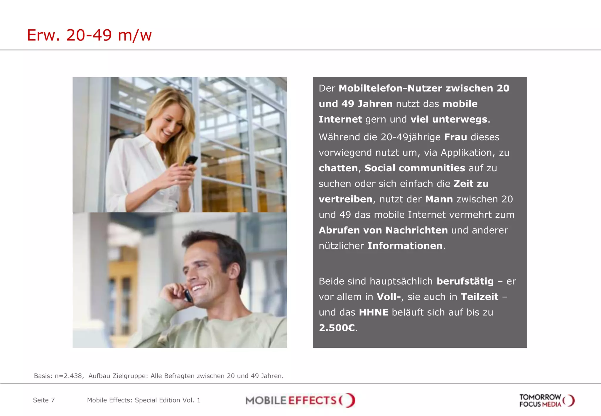 Erw. 20-49 m/w


                                                                               Der Mobiltelefon-Nutzer zwischen 20
                                                                               und 49 Jahren nutzt das mobile
                                                                               Internet gern und viel unterwegs.
                                                                               Während die 20-49jährige Frau dieses
                                                                               vorwiegend nutzt um, via Applikation, zu
                                                                               chatten, Social communities auf zu
                                                                               suchen oder sich einfach die Zeit zu
                                                                               vertreiben, nutzt der Mann zwischen 20
                                                                               und 49 das mobile Internet vermehrt zum
                                                                               Abrufen von Nachrichten und anderer
                                                                               nützlicher Informationen.


                                                                               Beide sind hauptsächlich berufstätig – er
                                                                               vor allem in Voll-, sie auch in Teilzeit –
                                                                               und das HHNE beläuft sich auf bis zu
                                                                               2.500€.




Basis: n=2.438, Aufbau Zielgruppe: Alle Befragten zwischen 20 und 49 Jahren.


Seite 7         Mobile Effects: Special Edition Vol. 1
 