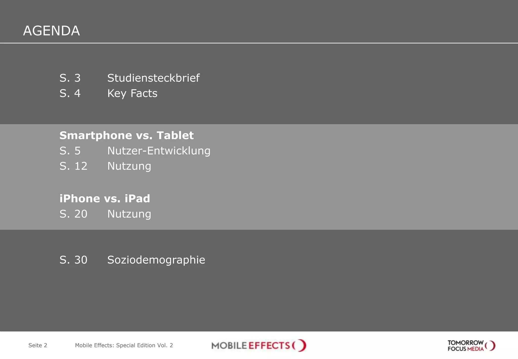 AGENDA
AGENDA
Seite 2 Mobile Effects: Special Edition Vol. 2
S. 3 Studiensteckbrief
S. 4 Key Facts
Smartphone vs. Tablet
S. 5 Nutzer-Entwicklung
S. 12 Nutzung
iPhone vs. iPad
S. 20 Nutzung
S. 30 Soziodemographie
 