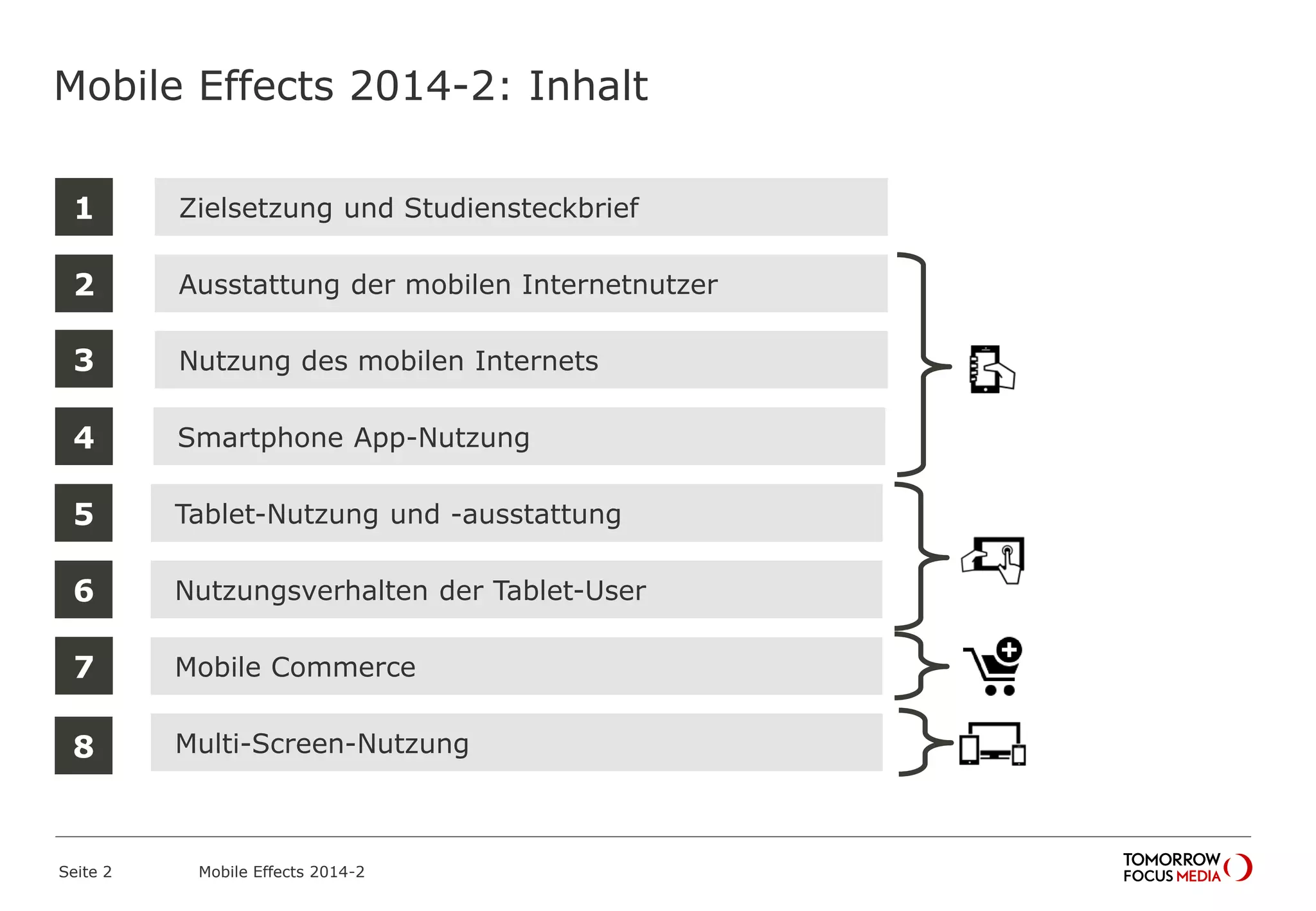 1
Ausstattung der mobilen Internetnutzer
Zielsetzung und Studiensteckbrief
Nutzung des mobilen Internets
Mobile Effects 2014-2: Inhalt
Smartphone App-Nutzung
Tablet-Nutzung und -ausstattung
2
3
4
Nutzungsverhalten der Tablet-User
5
Mobile Commerce
6
Multi-Screen-Nutzung
7
8
Mobile Effects 2014-2Seite 2
 